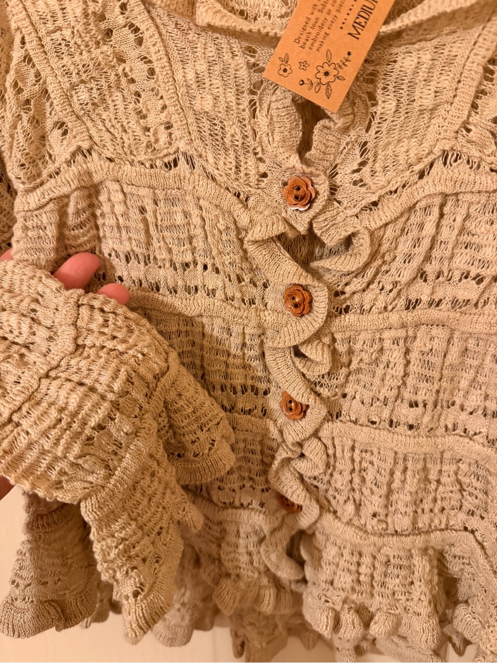NATURAL LIFE Cream Crochet Ruffle Button-Front Cardigan - Picture 3 of 3